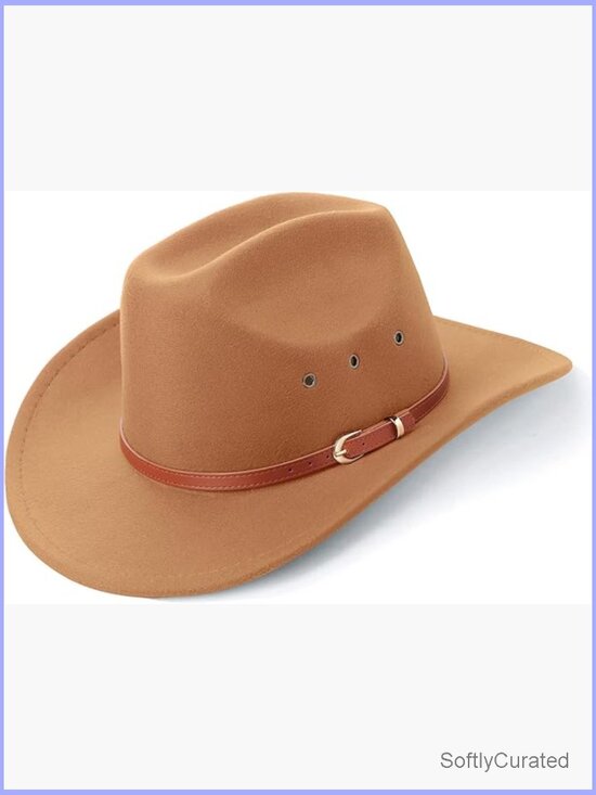 Classic Felt Wide Brim Cowboy Hat with Belt Buckle, Unisex, Fits Most